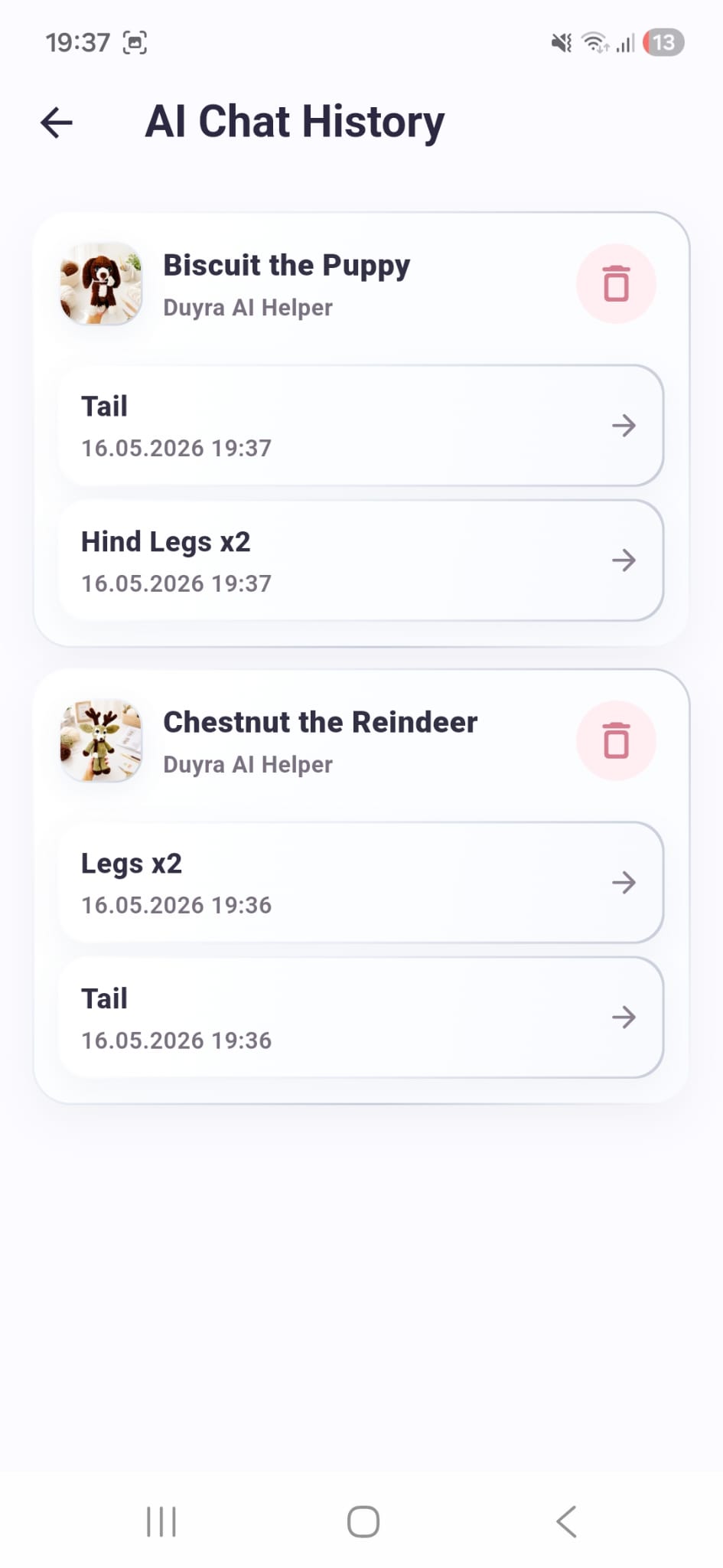 DuyraCraft AI chat history screen